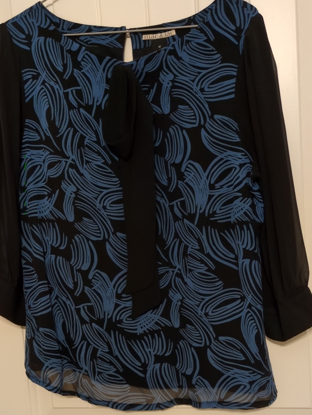 mac & jac Black Blouse with Blue Abstract Print and Tie Neck